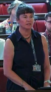 A photo of Cllr Cara Lavan speaking to the harm reduction motion at Bristol City Council.