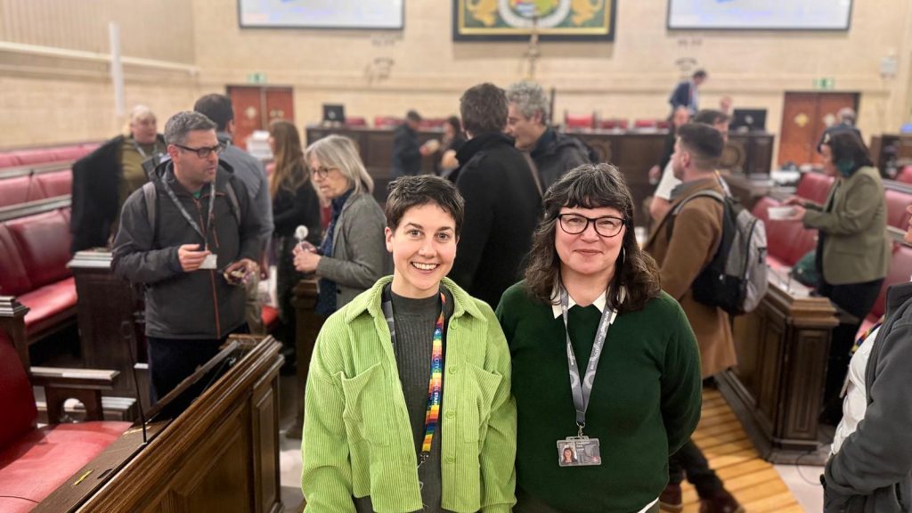 A photo of Abi and Cara in the Council Chamber just after the 5 hour long 2026 budget meeting had finished. 