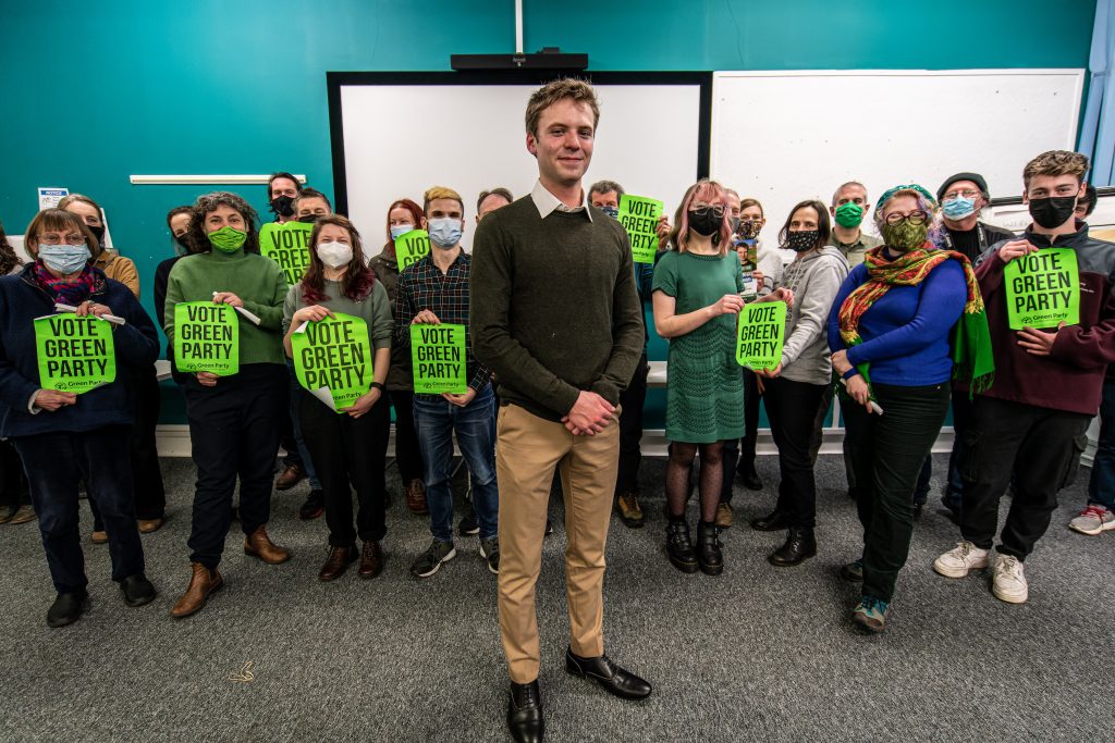 Ed Burnham with Green Party councillors and activists at the by-election campaign launch